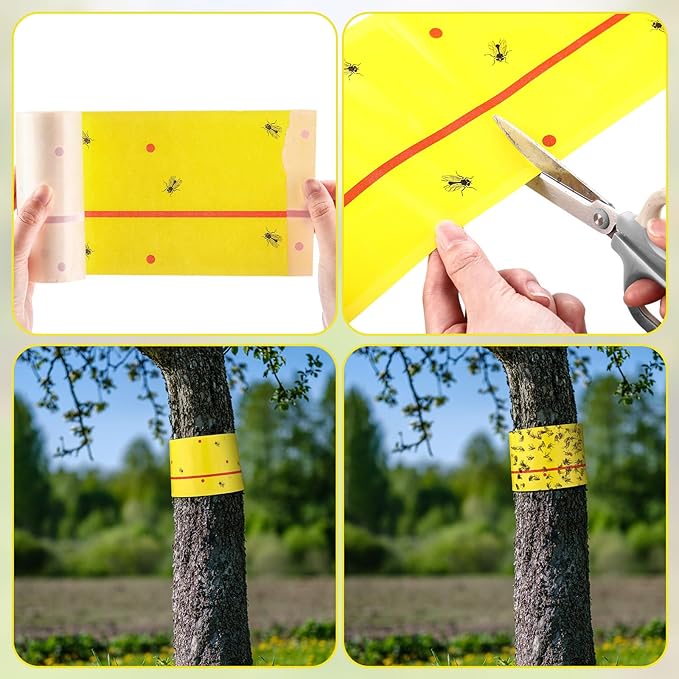 Qualirey 6 Rolls Spotted Lantern Fly Traps 30 Feet Each Roll Fly Tree Trap Sticky Strips Outdoor Fruit Glue Strips Disposable Tape Indoor Paper Sheets for Protecting Trees (Yellow)
