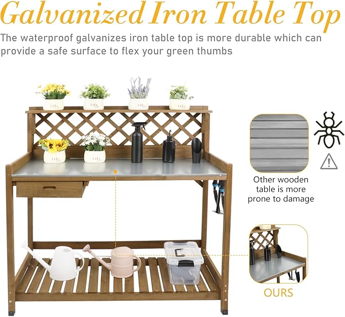 Garden Potting Bench with Metal Tabletop,Outdoor Potting Table Workstation Benches with Drawer/Storage Shelf，Fir Wood Potting Station Work Table with Open Shelf,Lattice Back (Brown)