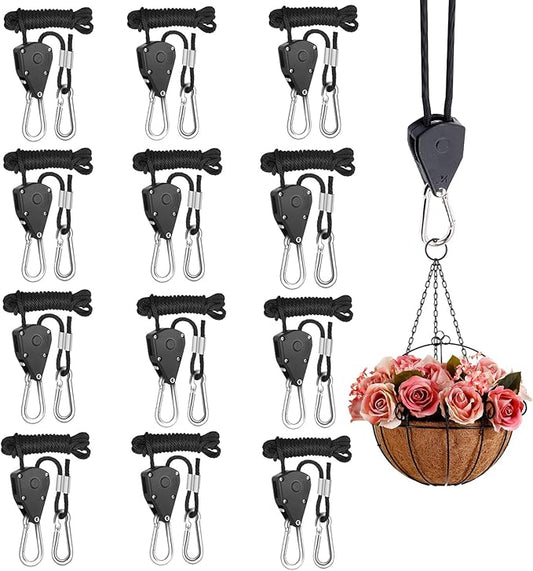 Rope Clip Hanger, 12 Packs 1/8 in Reinforced Adjustable Height Anti-Loose Design Gears Clip for Growing Light Fixtures, Hanging Plants, 8 FT Length 150lbs Weight Capacity