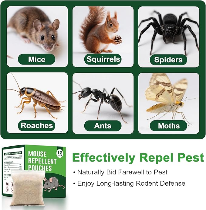 12-Count Botanical Pest Defense Pouches - Multi-Insect & Rodent Deterrent for Indoor/Outdoor Use | Plant-Based Protection for Homes & Vehicles
