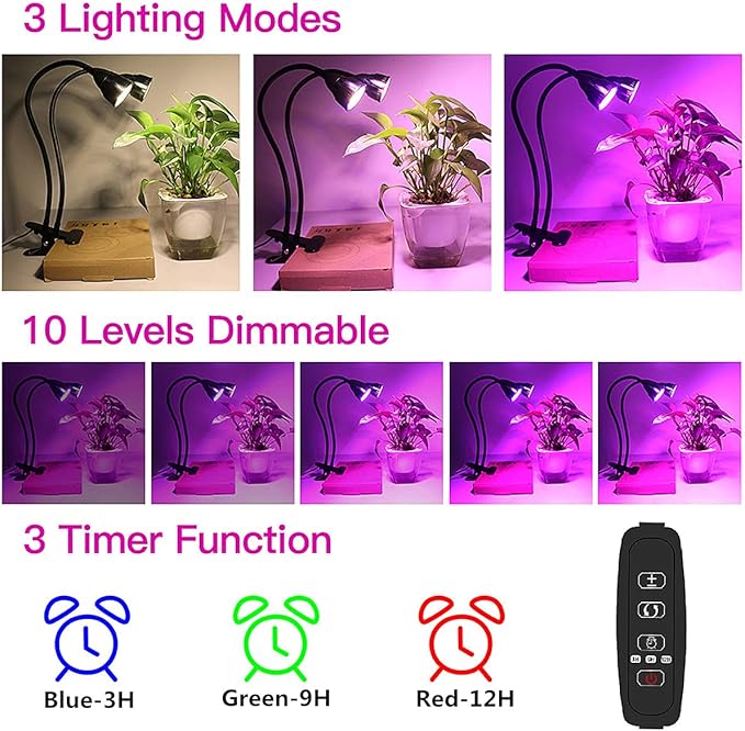 Juhefa Grow Light for Indoor Plants Growing, Gooseneck Clip-on Plant Lamp for Seedlings Succulents Seed Starting,3 Modes & 10-Level Brightness with Timer 3 9 12 Hrs