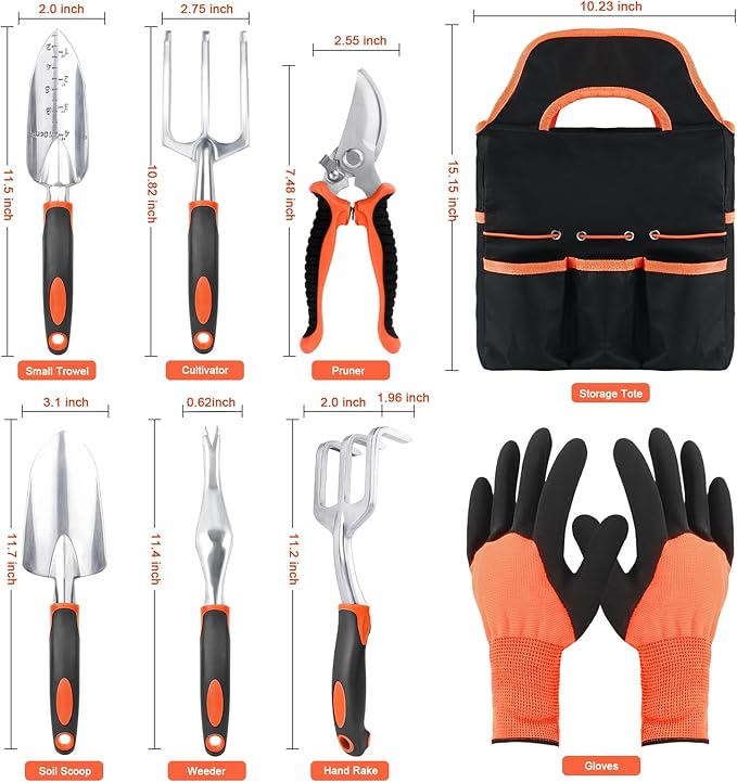 Garden Tools Set, 8 Piece Gardening Tools Set with Non Slip Ergonomic Handle, Heavy Duty Garden Tool Set with Storage Bag, Gardening Kit for Women, Garden Hand Tools Gift for Women and Men, Orange