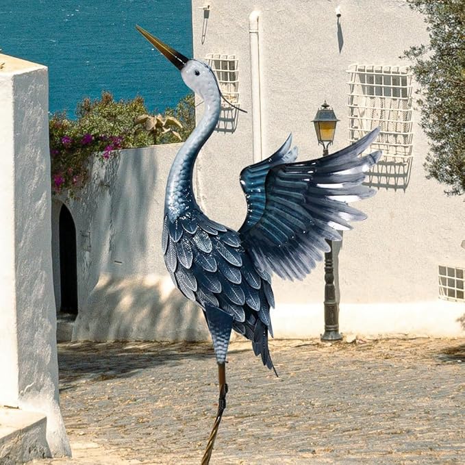 37 Inch Blue Heron Metal Yard Art, Garden Sculpture Spreading Wings for Patio, Lawn, and Backyard