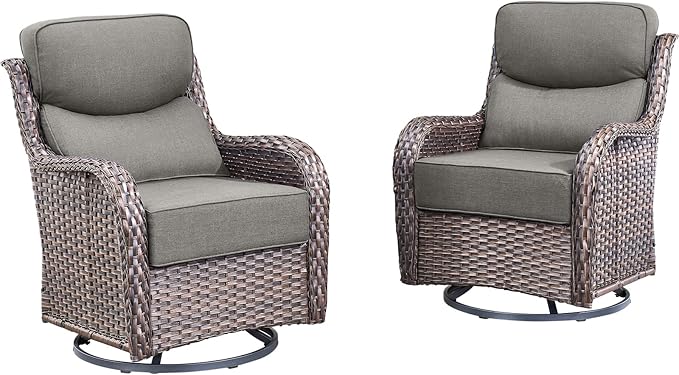 Outdoor Patio Swivel Rocker Chairs Set of 2, Waterproof Wicker, High Back, Deep Seating, Wide Armrest, Upgraded 6 inch Thick Cushions, Ideal for Deck Porch Backyard, Brown/Grey