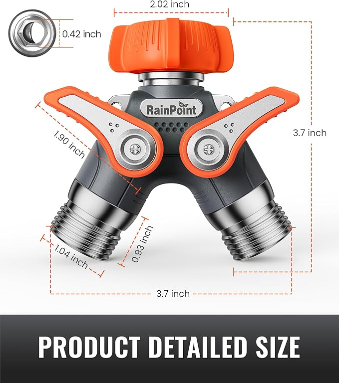 RAINPOINT Garden Hose Splitter, 2 Way Heavy Duty Water Hose Y Spigot Splitter with Shutoff Valves, 100% Metal Body Outdoor Faucet Splitter, 1.9" Extra Long Metal Handle, 3/4" GHT Thread (1, Orange)