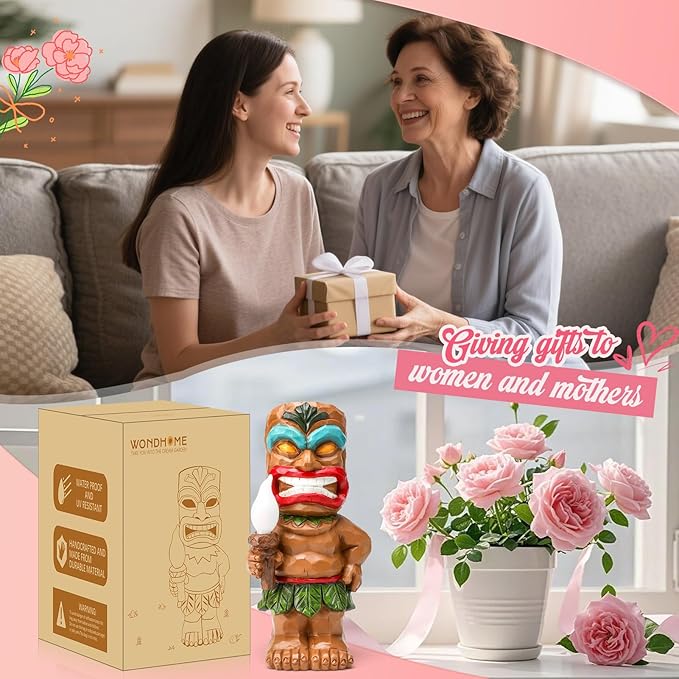 Solar Tiki Garden Statue Tiki Holding Torches with Flickering Flame LED Lights Bar Patio Porch Lawn Yard Art Outdoor Fall Decoration Halloween Birthday Christmas Gardening Gift for Dad Mom