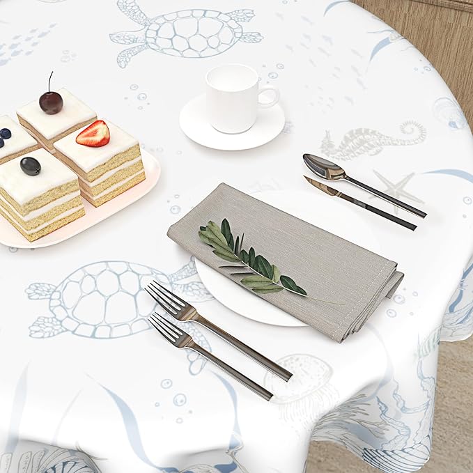 Giwawa Nautical Coastal Round Tablecloth 60 Inch, Ocean Sea Turtle Seahorse Coral Seaweed Starfish Washable Reusable Table Cover for Dining Room Party Picnic Dinner Decor