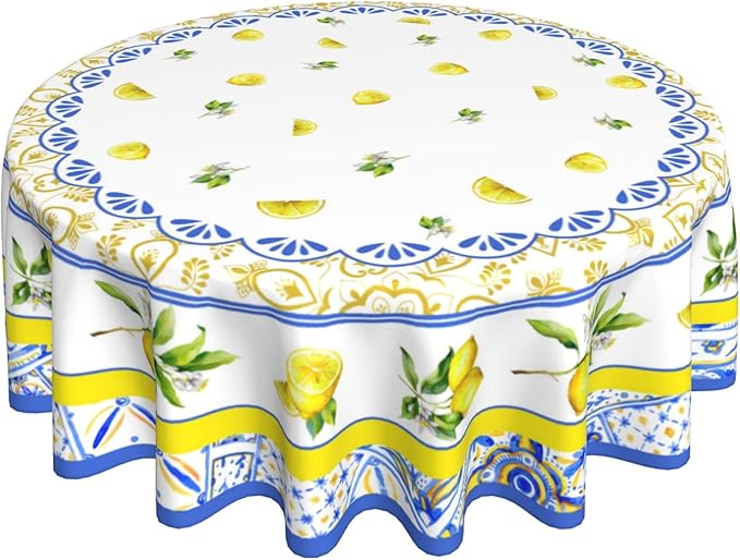 Giwawa Decorative Lemon Round Tablecloth Waterproof Table Cloth Wrinkle Free Tablecloths for Parties Wedding & Holiday Kitchen Dinner(60 Inch Round)