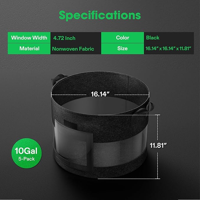 VIVOSUN 5-Pack 10 Gallon Potato Grow Bags, Thick Fabric Pots with 360 Visibility & Harvest Window, Black