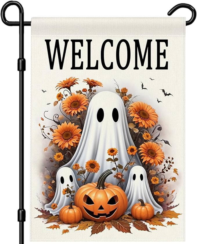 Welcome Halloween Ghost Garden Flag 12x18 Double Sided Outside Pumpkin Fall Holiday Yard Outdoor Decorative Flag
