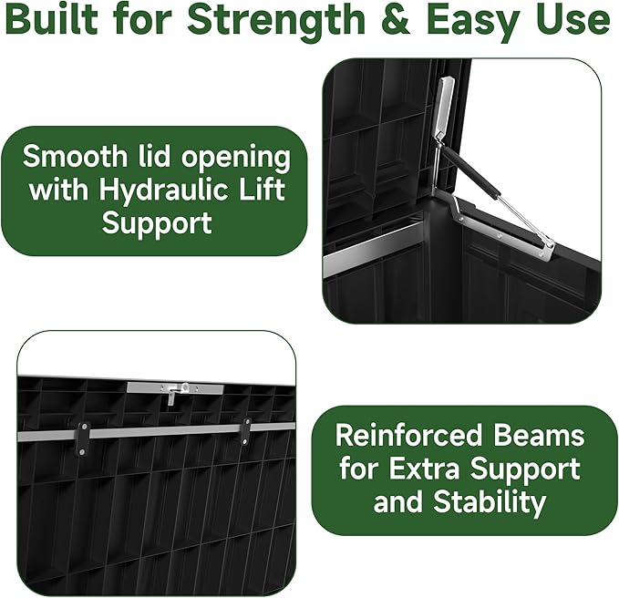 150 Gallon Outdoor Storage Box Waterproof, UV Resistant Resin Deck Box with Hydraulic Rod, Reinforced Stability for Patio, Garden, and Pool, Striped Black