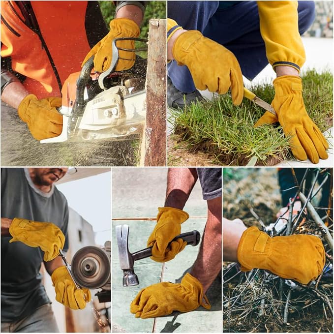 OZERO Leather Work Gloves Flex Grip Tough Cowhide Gardening Glove for Men and Women (Gold With Mesh Lining (1 Pair), X-Large)