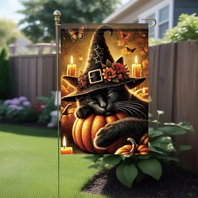 Halloween Fall Garden Flag Black Cat with Witch Hat Pumpkin Flag 12x18 Inch Double-Sided Autumn Candle Butterfly Yard Banner Outdoor Decor for Porch Lawn Pathway Cat Lover Gift