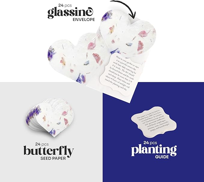 Set of 24 Mixed Heart – Plantable Seed Paper Embedded with Wildflower Seeds for Bridal Shower, Wedding Gift, Birthday, & Other Milestone Celebrations