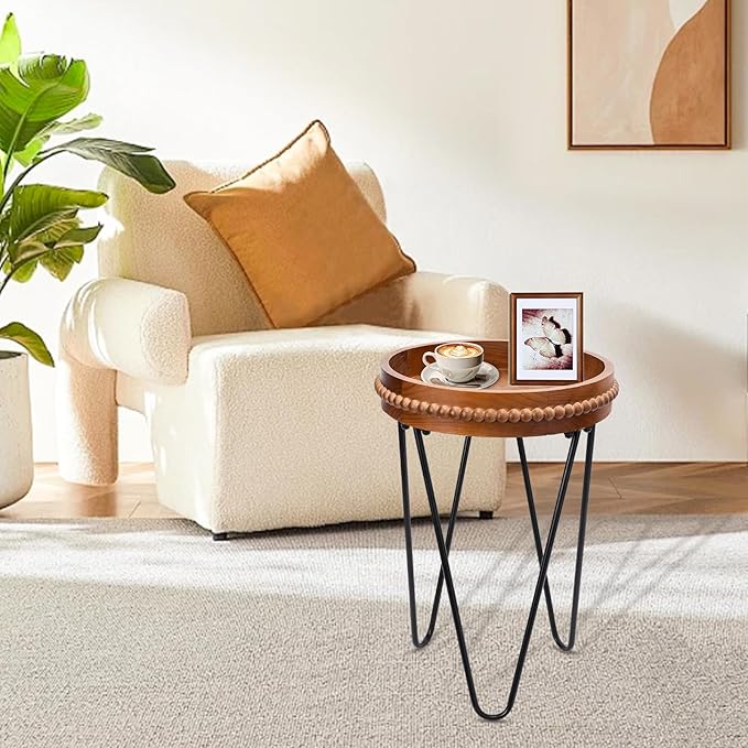 VCUTEKA Outdoor Side Table Round Small Accent Table Wood Patio Side Table End Table with 3 Metal Legs Plant Stand Indoor Coffee Tables