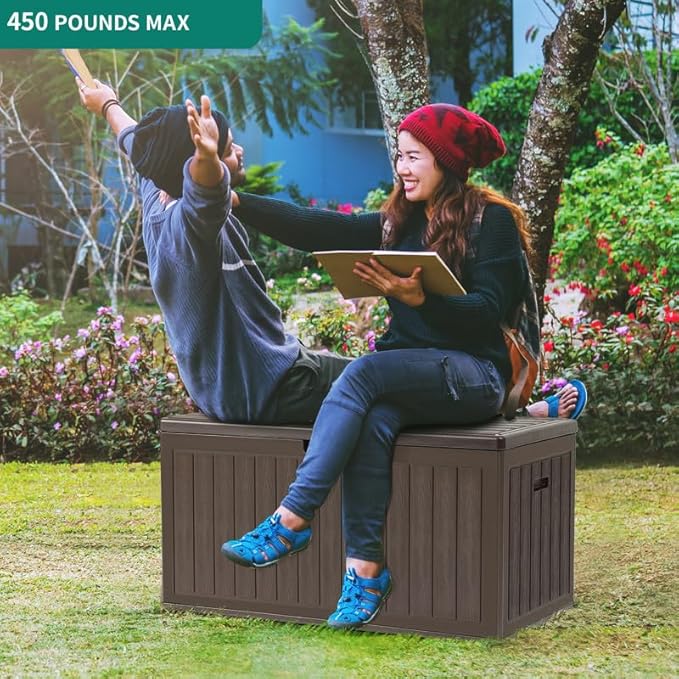 YITAHOME 90 Gallon Large Deck Box, Double-Wall Resin Outdoor Storage Boxes, Deck Storage for Patio Furniture, Cushions, Pool Float, Garden Tools, Lockable & Waterproof (Brown)