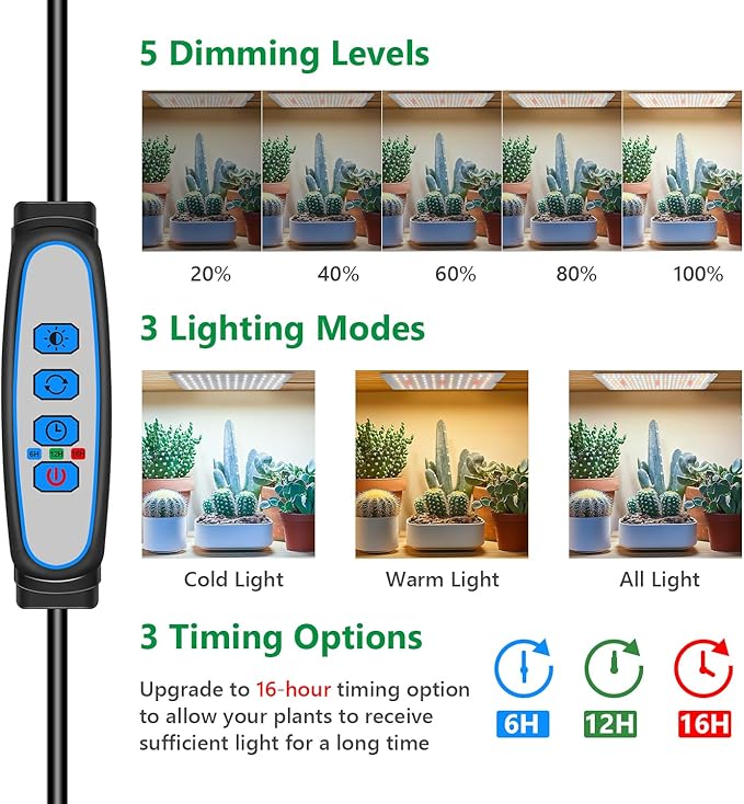 Grow Lights for Indoor Plants, Full Spectrum Under Shelf Plant Lights for Growing Seedling, Light and Thin 138 LED Grow Lamp Panel with 6/12/16H Timer, 3 Light Modes, 5 Dimmable
