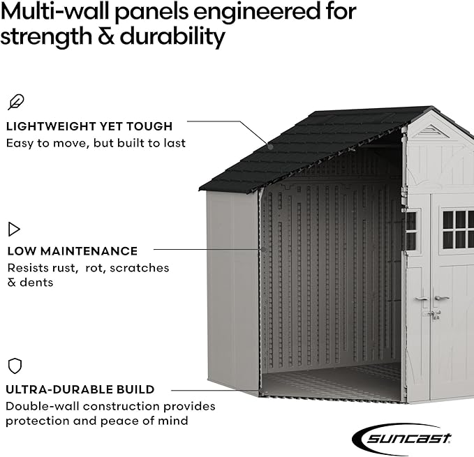 Suncast 8' x 7' Heavy-Duty Resin Tremont Storage Shed with Reinforced Floor, Skylights for Natural Light, Lockable Double Doors, Cream, Made in the USA