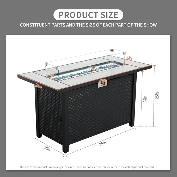 Rattaner 45 Inch Fire Table for Outside 60000 BTU Steel Gas Pit Outdoor with Woodgrain Marble Tabletop Glass Wind Guard Cover and Blue Crystal Beads