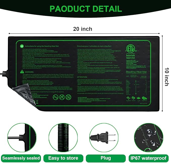 Upgrade Version 4PK Seedling Heat Mat with ETL Listed,Warm Hydroponic Heating Pad for Seed Starting,Indoor Gardening,Brewing and Greenhouses,Durable Waterproof Black Plant Heat Mat