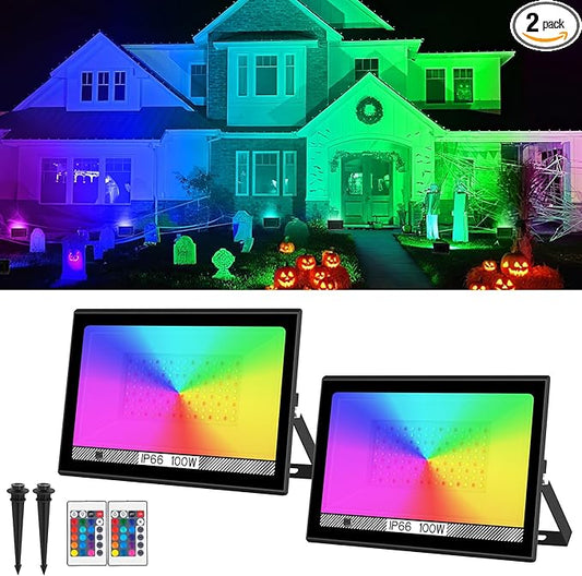 T-SUN RGB Led Flood Light 100W,Outdoor Flood Light 1000W Equivalent 10000Lm Christmas Light Color Changing Led Stage Lights IP66 Waterproof Landscape Lights with Remote Outdoor for Garden Yard