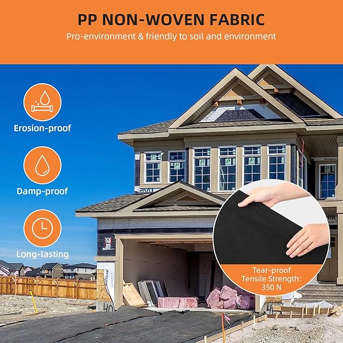 Geotextile Landscape Fabric 6ft x 300ft | 6oz PP Non-Woven Weed Barrier | 350N Tensile Strength & 440N Load Capacity for Driveway Stabilization, French Drains, Erosion Contro