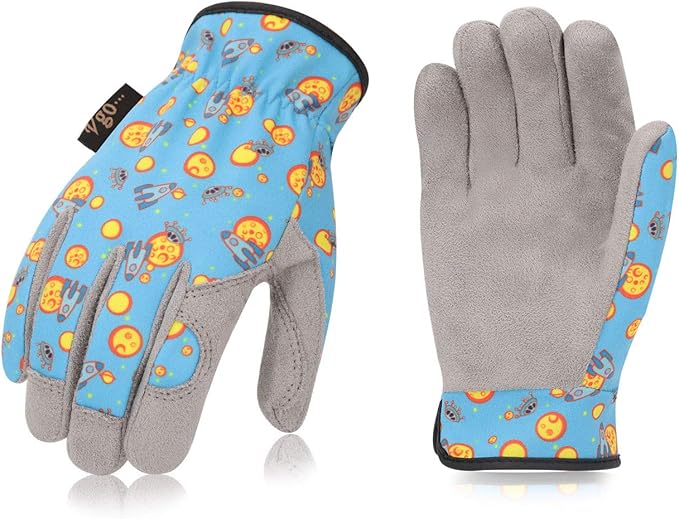 Vgo... 1-Pair Age 7-8 Kids Gardening Gloves,Children Yard Work Gloves,Soft Safety Outdoor Playing Gloves(Size XL, Blue Plane, KID-MF7362)
