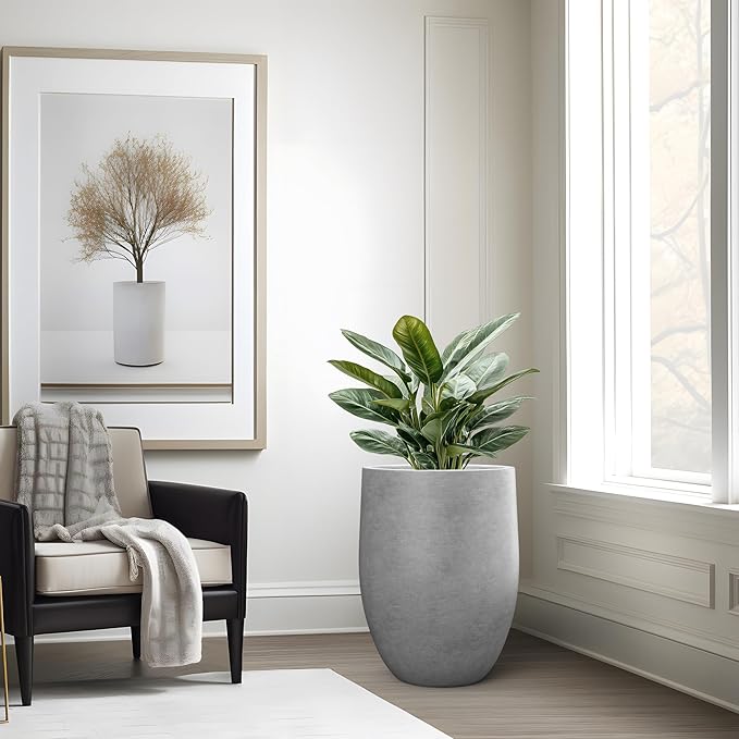Kante Tall Concrete Planter, 21.7-Inch Height Gray Large Indoor Outdoor Plant Pot with Drainage Hole for Patio Garden Home, Modern Decor for Flowers and Tree