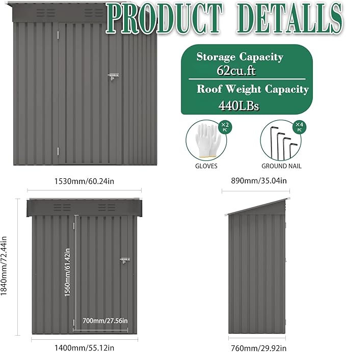 5x3x6FT Outdoor Storage Shed, Galvanized Steel Garden Shed with Lockable Door & Window, Waterproof Metal Tool Storage for Garden, Backyard, Patio, Lawn(Pitched Roof)