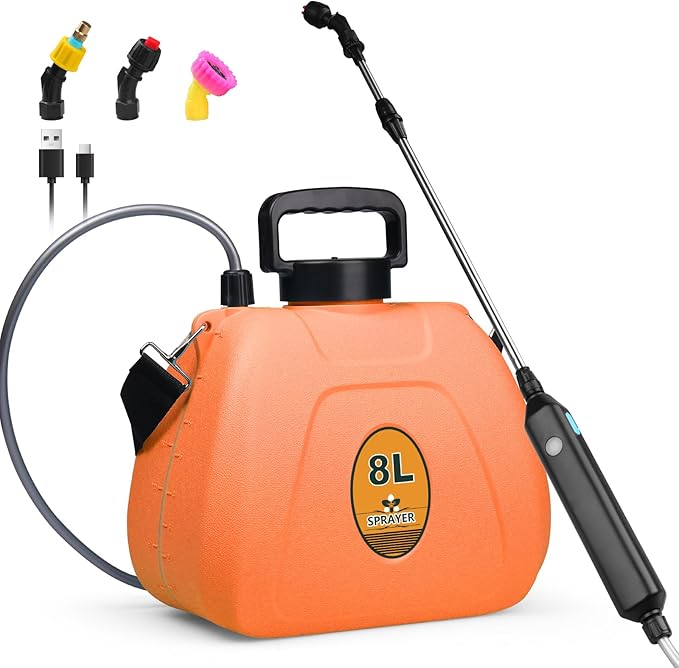Battery Backpack Sprayer 2.1 Gallon, Rechargeable Sprayer with 3 Adjustable Nozzles, 1.5-3H Runtime, Adjustable Wand Leak-Proof & Chemical-Resistant Tank for Lawn, Garden & Farm Use (Orange)