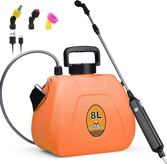 Battery Backpack Sprayer 2.1 Gallon, Rechargeable Sprayer with 3 Adjustable Nozzles, 1.5-3H Runtime, Adjustable Wand Leak-Proof & Chemical-Resistant Tank for Lawn, Garden & Farm Use (Orange)