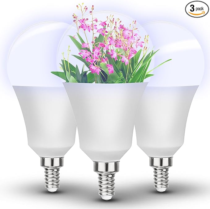 E12 Candelabra Small Base Grow Light Bulbs for Indoor Plants Full Spectrum 9W Grow Lamp 100W Replace with Blue Red 5000K LEDs for Seeds and Greens,Laboratory,Greenhouse,Garden,DIY Horticulture, 3 Pack