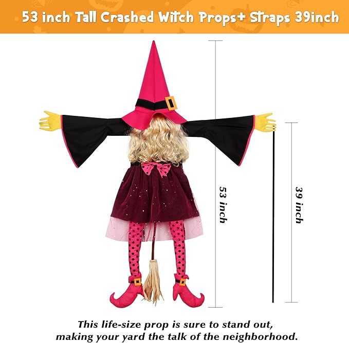 53" Crashing Witch Halloween Decoration - Funny Pink Witch Tree Prop for Yard, Porch, Door, Fence, Patio, Lawn, Garden - Indoor & Outdoor Hanging Halloween Decor