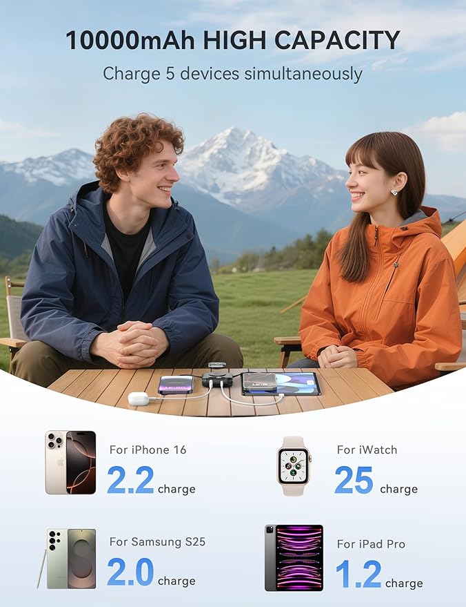 Portable Charger Power Bank, 10000mAh 22.5W Fast Charging with Built-in Cables, Travel Essential Battery Pack with LED Display, Keychain Battery for iPhone, iWatch 10/9/8/7/6/SE/5 Black