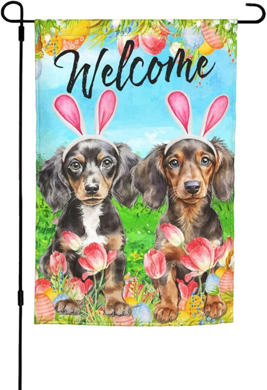Dachshund Dog Bunny Cute Flower Happy Easter Garden Flag Welcome Party Outdoor Outside Decorations Picks Home House Garden Yard Decor 12x18 Inch