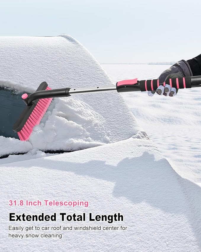 SEAAES Ice Scraper with Snow Brush for Car Windshield, Upgraded Extendable Snow Brush with Foam Grip for Truck SUV Vehicle Windows - Pink