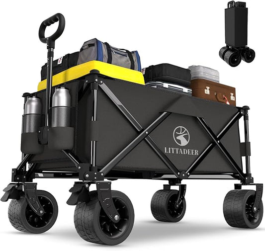 Collapsible Wagon Cart with Silent All-Terrain Wheels, Foldable Heavy Duty Beach Wagon with 330LB,Folding Cart with Cup Holders and Brakes for Camping, Garden,Shopping,Sports Black