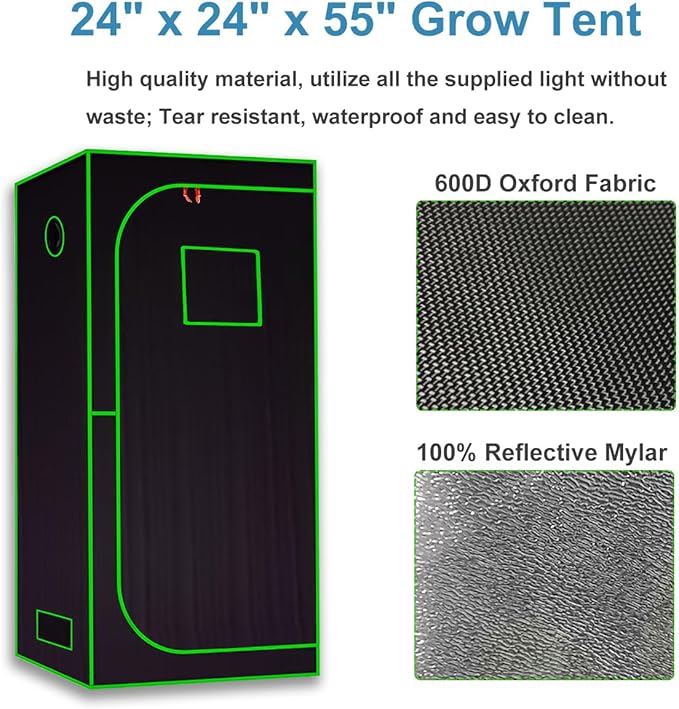 Grow Tent Kit Complete System High Reflective Mylar Indoor Grow Tent Hydroponics Growing Tent with Full Spectrum LED Grow Light Observation Window, Ventilation Fan,Carbon Filter (24" x 24" x 55")