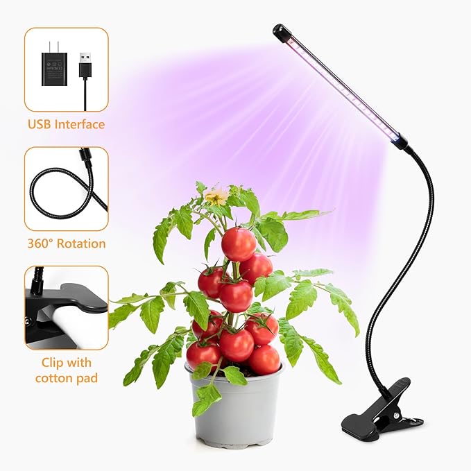Desk Clip Grow Light for Indoor Plants,Red Blue Spectrum Plant Growing Lamp with 3 Modes,10-Level Dimmable,Auto ON & Off Switch,3/9/12H Timer,Adjustable Gooseneck,Desktop Table Lights for Growth