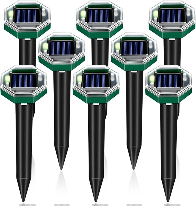 Mole Repellent Solar Powered, 8 Pack Ultrasonic Gopher Vole Repellent Outdoor, Waterproof Sonic Spikes Get Rid for Squirrel, Rat, Mice, Rodent, Skunk Repellent for Lawns Yard