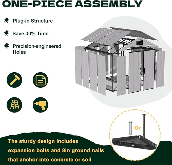 MELLCOM 8 x 8 FT Resin Storage Shed with Floor, Outdoor Storage Tool Shed with Windows and Lockable Door for Pool Supply, Bike, Lawnmower