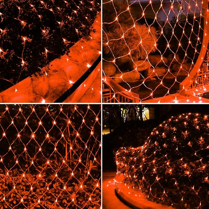 LED Net Light Fall Decor Mesh Lights, 240LED Tree Warp Fairy Lights Outdoor Hanging String Light for Home, Bedroom, Christmas, Garden, Walkway, Bushes,Halloween Decor-9.8ft x 6.6ft(Orange)