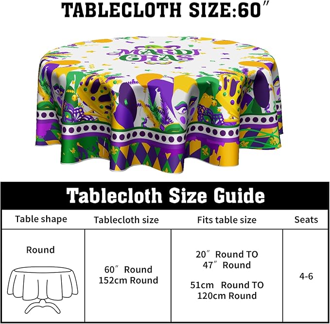 Giwawa Mardi Gras Round Tablecloth 60 Inch, Carnival Mask Balloon Table Cover Seasonal Festival Holiday Kitchen Dining Table Decoration for Indoor Outdoor Home Party Decor