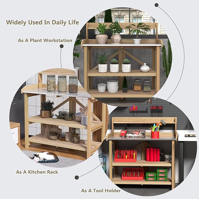 S AFSTAR Garden Potting Bench, Gardening Work Station Table with 2 Storage Shelves, Fir Wood Structure and Metal Tabletop, Gardening Table Potting Benches for Outside Backyard Balcony