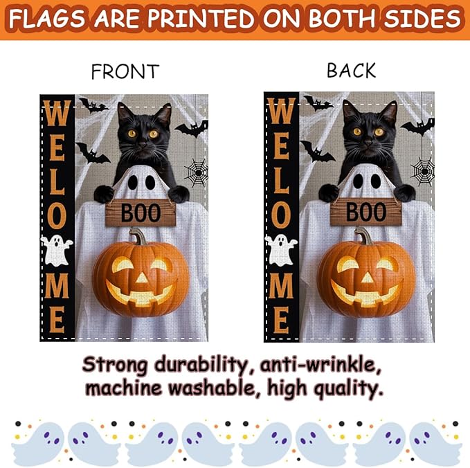 Fokongna Halloween Black Cat Welcome Flags, Interesting Halloween Decor Pumpkin Bat Cat Boo Garden Flag, 12x18 Inch Burlap Vertical Double Sided Flags, for Home Yard Outside Decorations