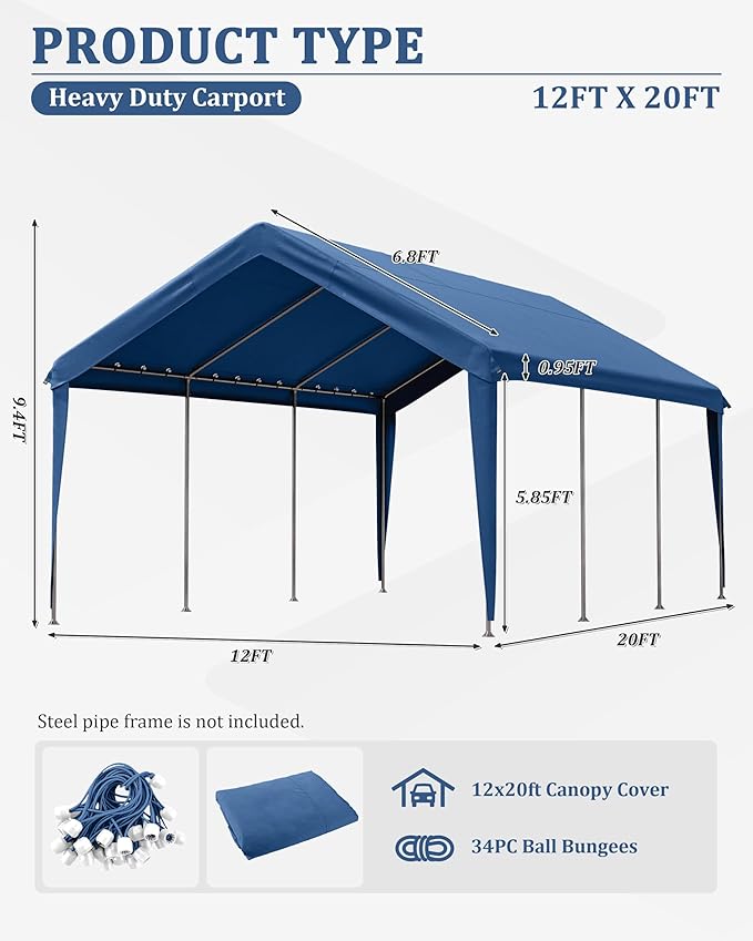 Carport Canopy Replacement Cover 12x20 Heavy Duty Outdoor Portable Car Canopy Oxford Waterproof UV & Tear Resistant Garage Canopy with Ball Bungees (Frame is Not Included)