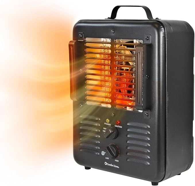 Comfort Zone Electric Portable Utility Space Heater with Adjustable Thermostat, Overheat Protection, & Tip-Over Switch, 1500W, CZ799BK