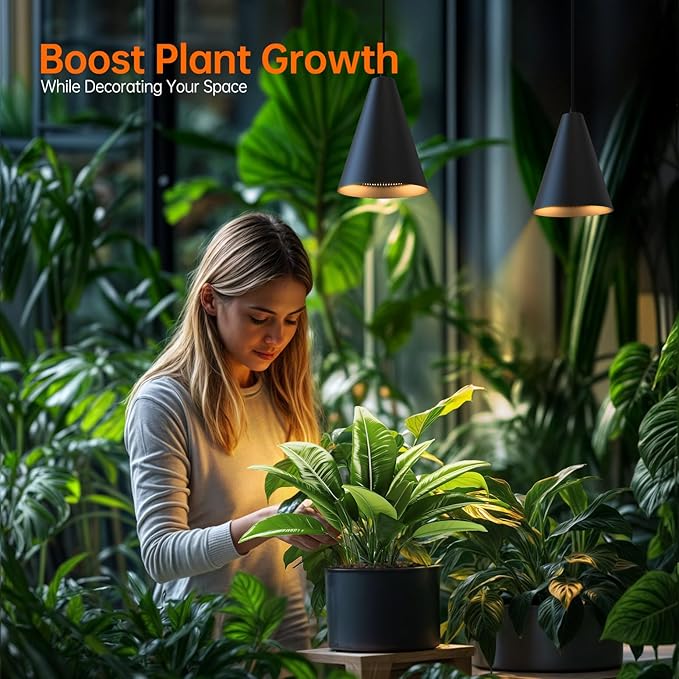 50W Double-Head Hanging Grow Lights for Indoor Plants, 3000K, Black LED Plant Light Bulbs with Timer and 16.4FT Power Cord, Perfect for Tall Plants, Gardens, Flowers, and Greenhouses