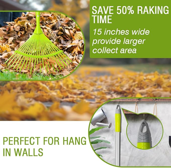 Metal Leaf Rake, 65" Long Handle Garden Rakes Lightweight, Lawn Rake with 24 Teeth Wide Steel Tines, Leaf Scoop Grabbers for Leaves, Debris,Grass, Pine Needles Pick