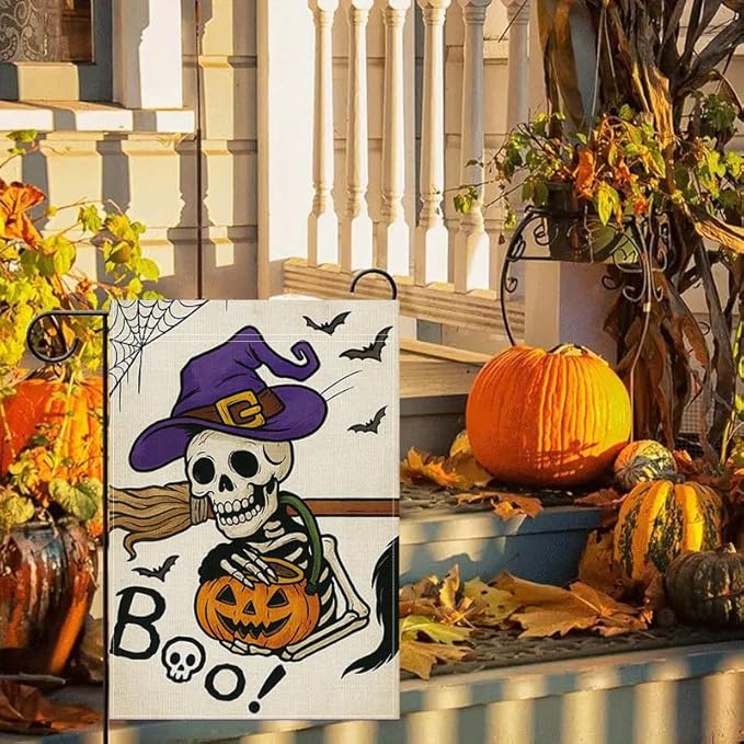 Halloween Garden Flag 12x18 Inch Skeleton Pumpkin Witch Hat Boo Yard flag Double Sided Outdoor Porch Patio Lawn Party Decoration for Fall Holiday Birthday